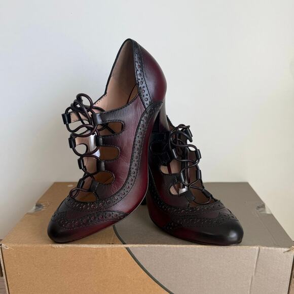 Tory Burch Lace Up Ghillie Oxford Wine/Blk Leather  Astrid High Heel- SZ 7.5 - Picture 7 of 10